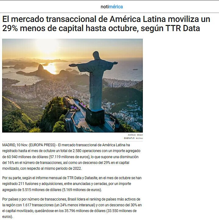 El mercado transaccional de Amrica Latina moviliza un 29% menos de capital hasta octubre, segn TTR Data